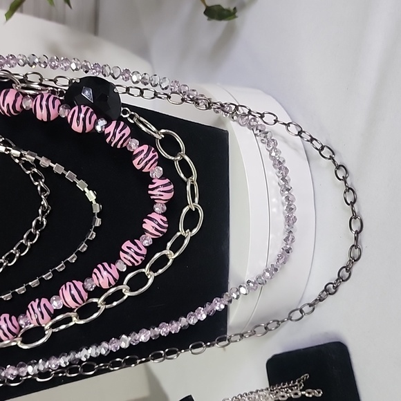 Multi Media Silver Chain Necklace with Pink Flower and Earrings Set New - Picture 6 of 8